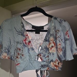 Polly & Esther Striped Floral Wrap Top